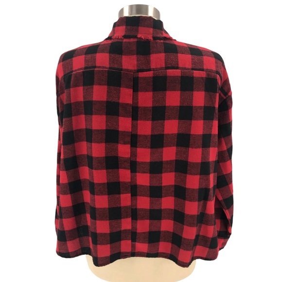 FAVLUX Womens Red & Black Check Button Up Roll Tab Sleeve Fringe Crop - Picture 3 of 13